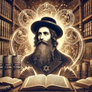דיוקן מרהיב של הרמח"ל בספרייה עתיקה, מלווה באור המייצג את חכמתו ותורתו